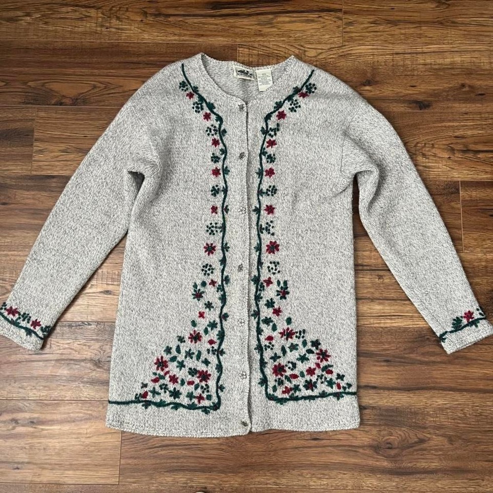 Northern Reflections Wool Cotton Vintage 90s‎ Embroidered Floral Long Cardigan